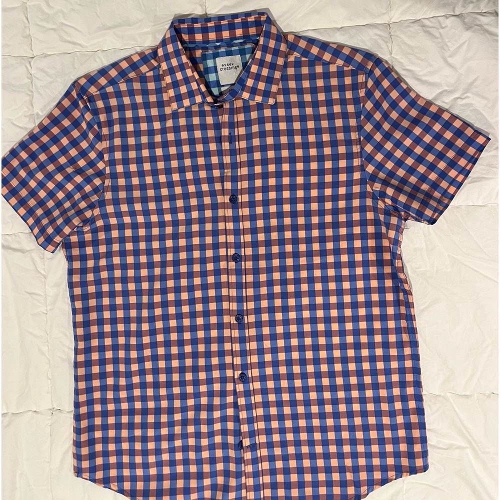 Men’s blue & peach checked light stretch shirt (only worn once), Size Small